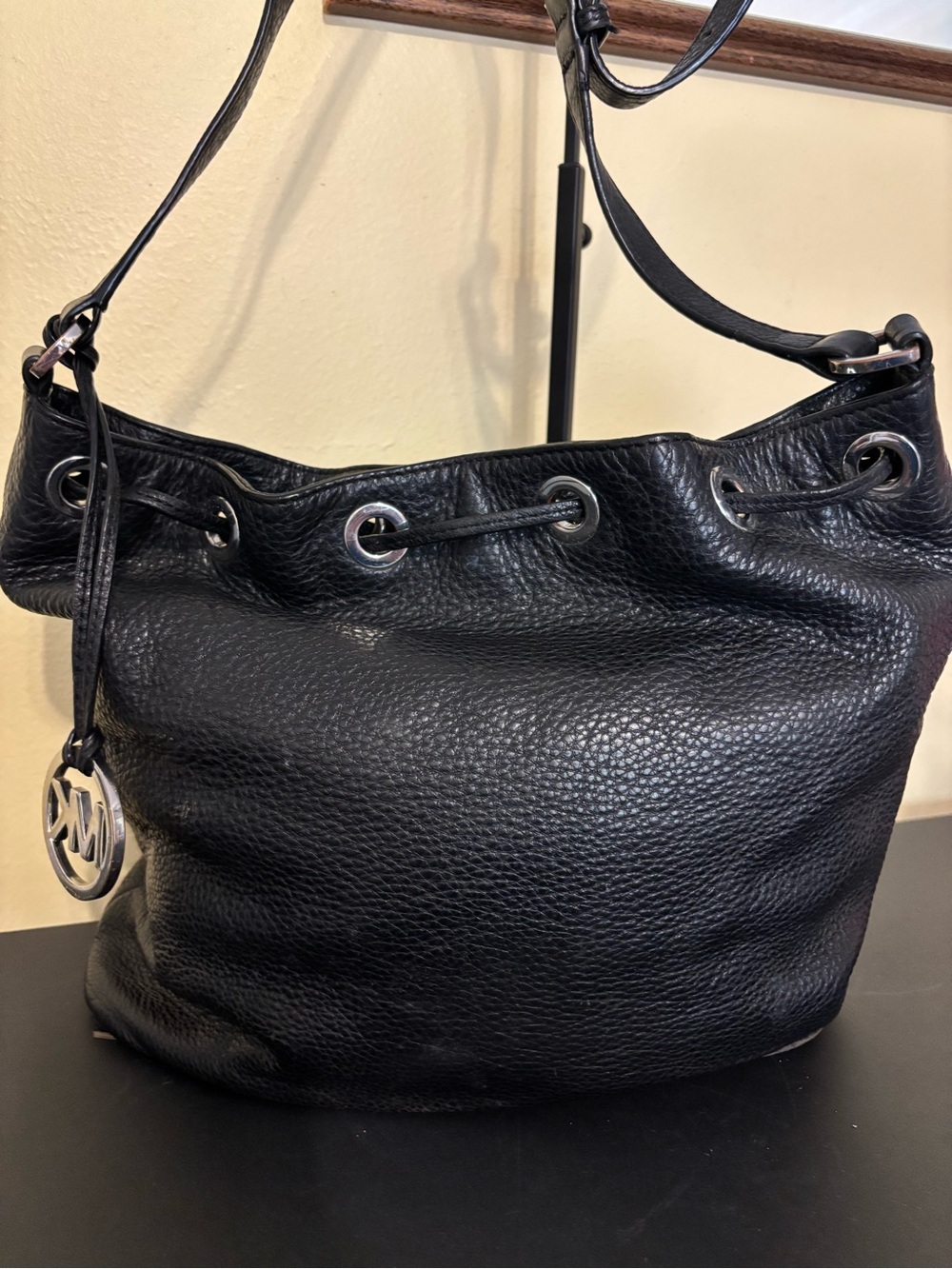 Michael Kors Black Pebbled Leather Drawstring Shoulder Bag